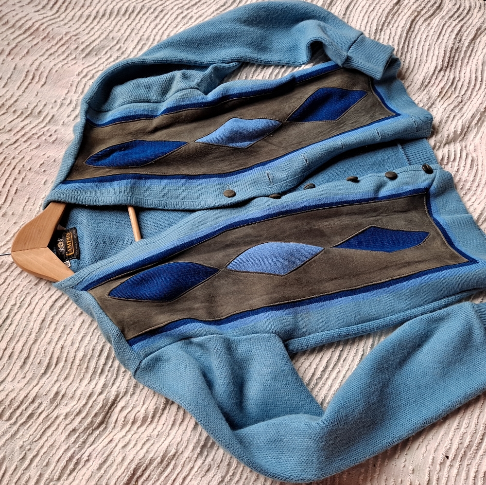 Vintage Campus Cardigan w leather detail blue grey